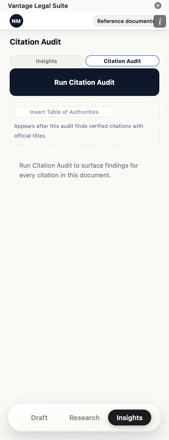 Vantage Citation Audit panel — Run Citation Audit button and findings area