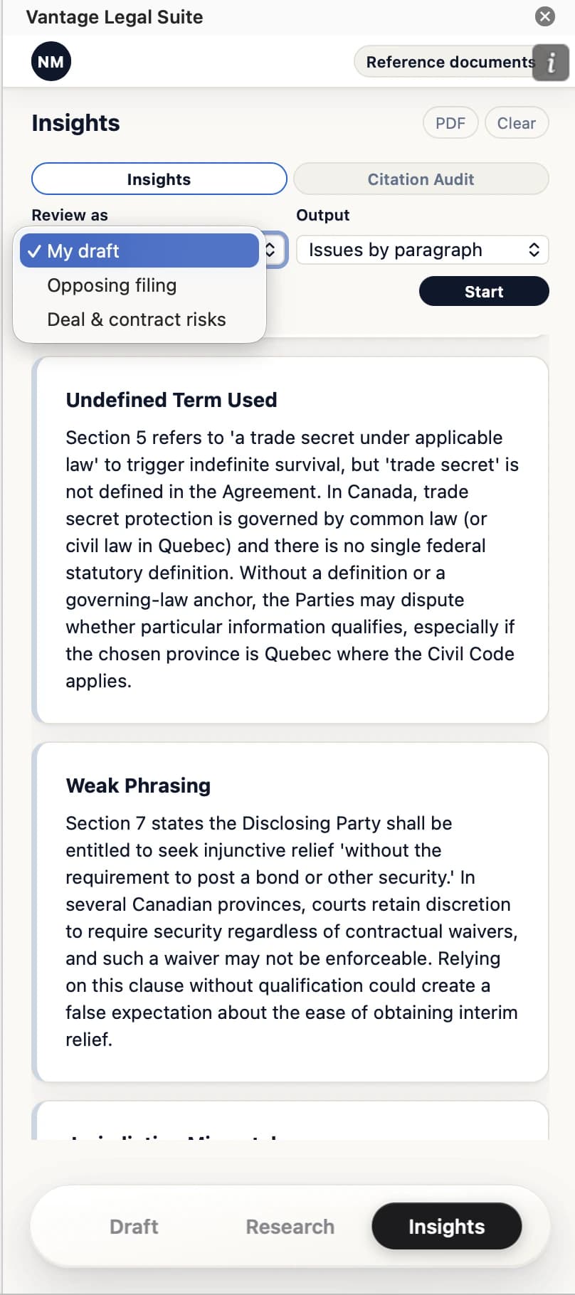 Vantage Insights panel — review findings tagged by paragraph