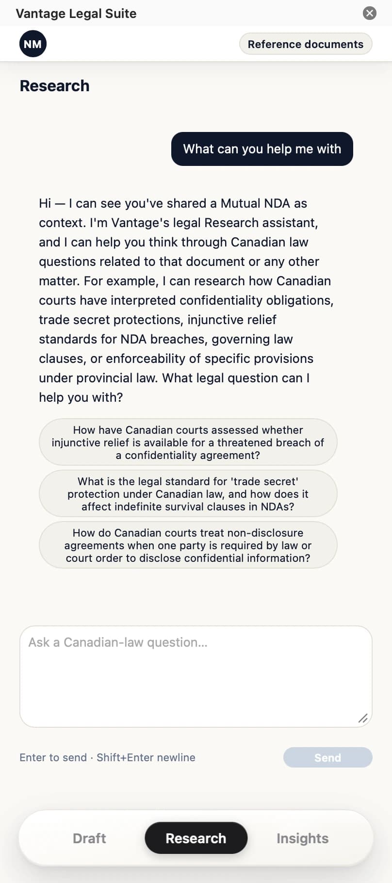 Vantage Research panel — asking a Canadian-law question grounded in the open document