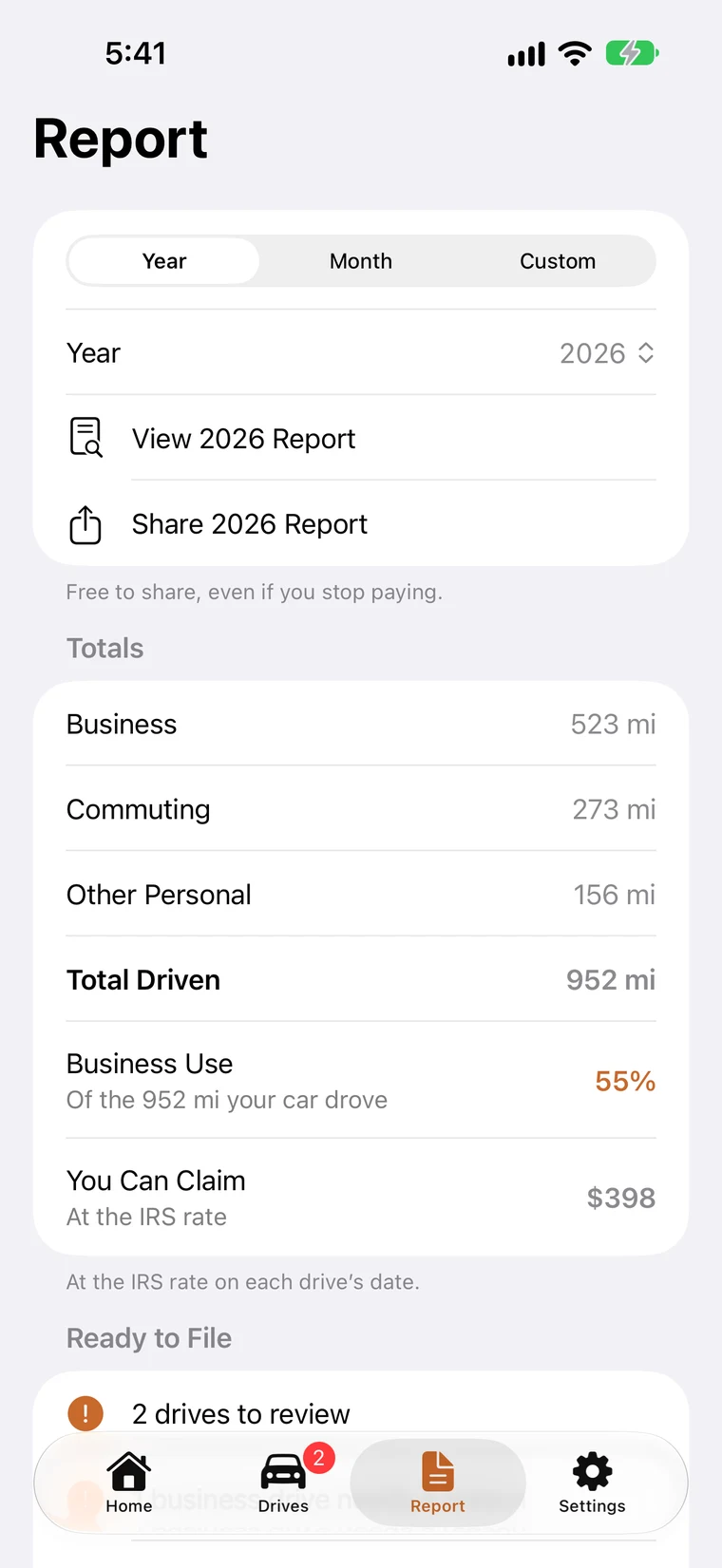 EveryDrive Report screen